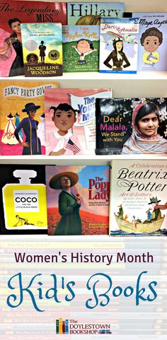 children's books are displayed on the shelves in front of them, with text reading women's history month kids'books