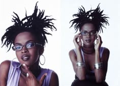 two photos of a woman with glasses and dreadlocks