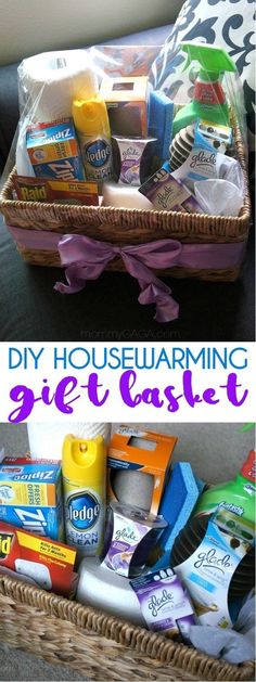 a basket filled with different types of household care items and the words diy housewarming gift basket