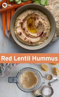 hummus in a bowl with carrots, cucumbers and other ingredients around it