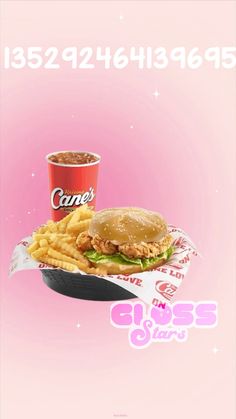 an advertisement for a fast food restaurant with a chicken sandwich and fries on the side