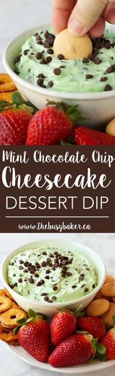 mint chocolate chip cheesecake dessert dip with strawberries and pretzels