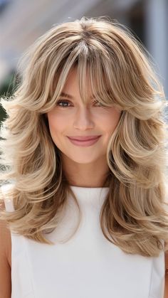 Update your youthful look with choppy long layers and edgy curtain bangs. Perfect for a modern twist. Save this pin for inspiration and click to see more youthful hair transformations!#LongWaves #CurtainBangs #RoundFaces #TimelessBeauty #HairInspiration. Follow us for daily doses of style! Curtain Bags And Face Framing Layers, Long Layers With Curtain Bangs To Chin, Choppy Long Layers, 70s Layered Hair Long Shag With Curtain Bangs, Curtain Bangs To Chin Long Layers, Medium Length Blonde Hair With Layers Side Bangs, Brown Hair With Bangs, Long Haircut Ideas, Hairstyles With Curtain Bangs