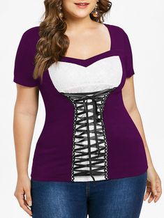 Plus Size Sweetheart Neck Lace Up T-shirt - Purple - 3Q79895427 - Original Design-Women's Clothing  #OriginalDesignWomensClothing #Original #DesignWomen's #Clothing Lace Up T Shirt, Rose T Shirt, Rayon Shirt, Trendy Plus Size Clothing, Lace Insert, Neck Lace, Fashion Seasons, Lace Shirt, Sweetheart Neck