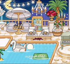 a room filled with lots of furniture and a pool in front of a chandelier