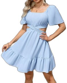 Spring Casual Dresses With Cut-out Waist, Casual Dresses With Cut-out Waist, Casual Cut-out Waist Dress For Day Out, Casual Dresses With Cut-out Waist For Day Out, Casual Dress With Cut-out Waist For Day Out, Spring Light Blue Solid Mini Dress, Spring Solid Mini Dress With Cutout, Spring Mini Dress With Cutout, Spring Mini Dress With Cutout Detail