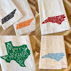 four christmas tea towels with the state of texas in different colors and designs on them