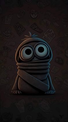 a cartoon character with big eyes and a scarf around his neck, sitting in front of a dark background