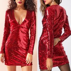 Motel Rocks Sequin Ruby Dress Red V-neck Mini Dress For Party Season, Red Winter Party Bodycon Dress, Red Long Sleeve Mini Dress For Party Season, Winter Party Red Bodycon Dress, Glamorous Red Mini Dress For Fall, Red Bodycon Dress For Winter Night Out, Red V-neck Bodycon Dress For Party Season, Red Sequined Mini Dress For Club, Glamorous Red Mini Dress For Club