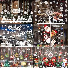 christmas window decorations with snowflakes and reindeers