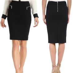 New Without Tags Size: 10 Color: Black Waist: Approx. 32-34 Inches (Stretchable Fabric) Length: Approx. 21 Inches (From Waist To Hem) Dive Into Your Day's Work In A Chic Office-Ready Michael Michael Kors Skirt. A Sophisticated Pencil Skirt In A Stretch Ponte Knit For A Flattering Silhouette. Fitted, Wide Waistband Lends An Overall Sleek Appearance. Exposed Back Zip Closure. Decorative Zip Pockets. Vented Hem.Lined. 70% Polyester; 25% Rayon; 5% Spadex Chic Office, Gold Zipper, Wide Waistband, Michael Kors Black, Pencil Skirt, Zip Pockets, Womens Skirt, Overalls, Michael Kors