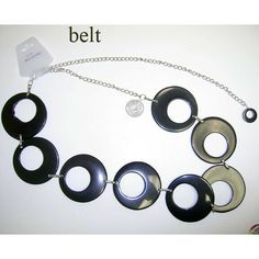 Groovy, 60's-70's circle link belt. Black plastic circles (2" wide), linked with silver metal bands, with a chain link. Total length-40" 60s Belt, Funky Belts, Plastic Circles, Arcane Character, 70's Costume, Link Costume, 70s Accessories, Autumn 23, Circle Belt