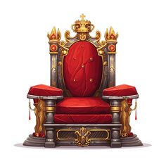 a throne with a red seat and gold trimmings on the back, sitting in front of a white background