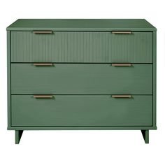 a green dresser with three drawers and two brass pulls on the bottom, against a white background