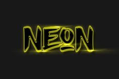 neon text with the word neon written in black and yellow colors on a dark background