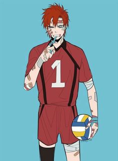 a man with red hair and glasses holding a volleyball ball in one hand, while wearing a