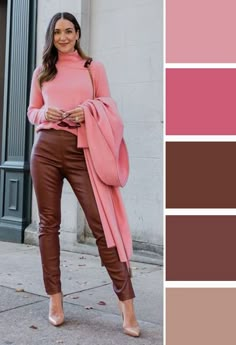 Pink And Rust Outfit, Brown And Peach Outfit, Coral Color Combinations Outfit, Hot Pink And Brown Outfit, Coral Pants Outfit Work, Brown And Pink Outfit Ideas, Pink And Brown Outfits For Women, Brown And Pink Outfit Color Combos, Magenta Outfit Color Combos