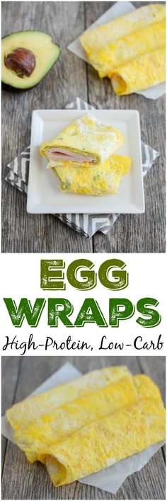 egg wraps with avocado on the side and an image of eggs in the background