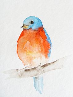 a watercolor painting of a blue and orange bird on a branch with snow in the background