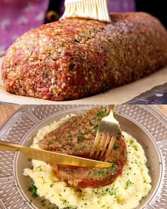 a plate with mashed potatoes and meatloaf on it