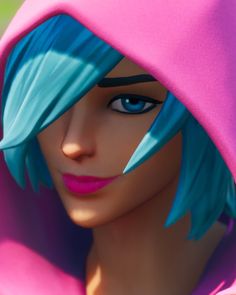 a close up of a person with blue hair wearing a pink hoodie and looking at the camera