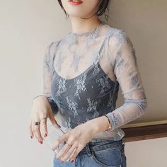 Beautiful Sexy Mesh Lace Blouse Use It As A Lining For Your Favorite Clothes As Well To Enhance Chicness Embroidery Blouses, Fishnet Top, Net Dress, Mesh Blouse, Mesh T Shirt, Floral Outfit, Ladies Tops, Bottoming Shirt, Solid Color Shirt