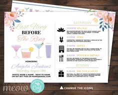 a wedding menu with flowers and drinks on it