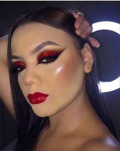 Red Gold Black Makeup, Red And Black Makeup Full Face, Halloween Red Eye Makeup, Black And Red Makeup Ideas, Red Eyeshadow Looks For Prom, Casino Theme Makeup, Red Christmas Eyeshadow, Red Glam Makeup Looks, Dramatic Red Eye Makeup