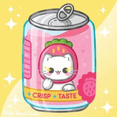 a cartoon cat in a strawberry - filled jar with the words crisp taste on it