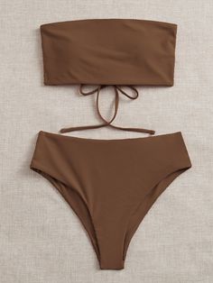 Khaki Swimsuit, Brown Bathing Suit, Brown Swimsuit, Two Piece Bathing Suit, Swim Summer, Swimming Beach, Swimsuits Outfits, Bandeau Bra, Swimming Suit