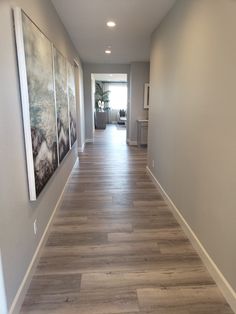 a long hallway with wood flooring and paintings on the wall