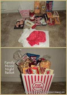 two pictures show the same movie night basket as well as popcorn and snacks on the floor