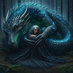 a woman sitting on top of a blue dragon in the middle of a dark forest