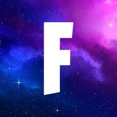 the letter f is in front of a purple and blue space filled with bright stars