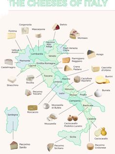 a map with different types of cheeses on it and the names of them in italian