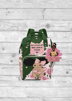 a backpack with pink flowers on it and an image of a cartoon character