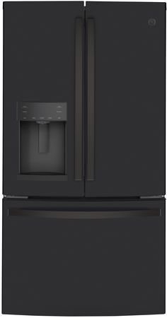 a black refrigerator freezer with the door open and water dispenser in front