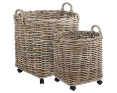 two round wicker baskets on wheels with handles