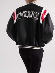 Shop CELINE HOMME Teddy Logo-Appliquéd Satin Varsity Jacket, Explore the latest in-season CELINE HOMME collection today on MR PORTER White Shirt Ideas, Clothes To Draw, Varsity Jacket Outfit Mens, Casual Jeans Outfits, Blue Jeans Outfit Men, Light Blue Jeans Outfit, Denim Attire, Satin Varsity Jacket, Jeans Pants Outfit