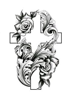 the letter f with flowers and leaves is shown in black and white ink on paper