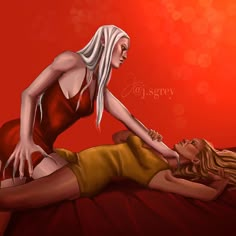 a painting of a woman laying on top of a bed next to another woman with blonde hair