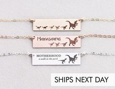 Raptor Mom Necklace • Mama Dinosaur Bar • Cute Grandparents Gift • Dino Baby Jewelry • Favorite Mama New Mom Necklace, Matching Dino Necklace, Dinosaur Designs Jewellery, Dinosaur Necklaces, Heart Location, Dinosaur Jewelry, Baby Dino, Baby Jewelry, Mom Necklace