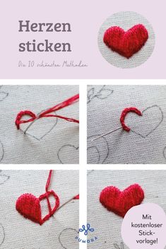 the instructions for how to make a heart - shaped sticker on fabric with red thread