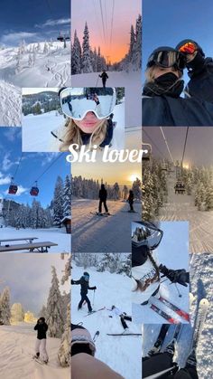 a collage of photos with people skiing and snowboarding in the mountains, trees, and sky