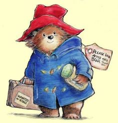 a drawing of a teddy bear wearing a red hat and blue coat holding a suitcase