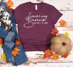 Amazing Grace how sweet the sound shirt - Women's christian crew neck - religious Cre neck tshirt - inspirational shirt - inspiration quote AMAZING GRACE - HOW SWEET THE SOUND crew neck shirt  Adult Unisex Triblend short sleeved Crew Neck.  50% Poly 25% Combed Ring-Spun Cotton 25% Rayon  This shirt is Unisex so for a female, it is a looser fitting shirt. I do recommend ordering a size down  These shirts are Comfy and Soft  Wash & Care Instructions:  Wash inside out, do not iron (unless you iron Inspirational Crew Neck T-shirt For Fall, Inspirational Cotton T-shirt For Fall, Inspirational Graphic Print T-shirt For Fall, Best Friend Shirts, Group Shirts, Inspirational Shirt, Custom Tees, Crew Neck Shirt, Amazing Grace