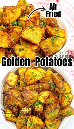 two pictures showing how to make golden potatoes