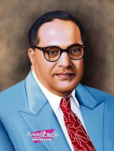 a painting of a man wearing glasses and a blue suit with a red neck tie