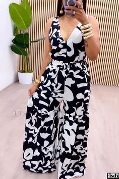 Fisdy - Comfortable Wide Leg Jumpsuit with Belted Design Perfect for Vacation Outfits Party Wear Maxi Dresses, Tops For Women Casual, Color Block Maxi Dress, Cami Jumpsuit, A Line Maxi Dress, Easy Chic, Casual Wear Women, Casual Rompers, Summer Black