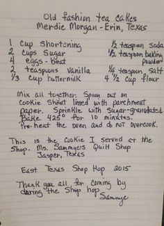 a handwritten recipe for old fashioned tea cakes and merrick morgan - ern, texas